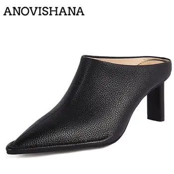 ANOVISHANA/ Женская Новая Обувь из Натуральной кожи, Босоножки с Острым Носком, Шлепанцы без застежки на высоком каблуке, Черные, Белые Повседневные S3770