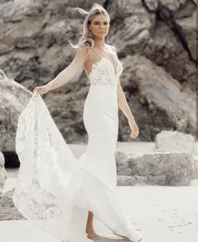 Свадебное платье Русалка на бретельках, кружевные аппликации в виде сердечка, Шлейф длиной до пола, платье невесты на заказ 2021