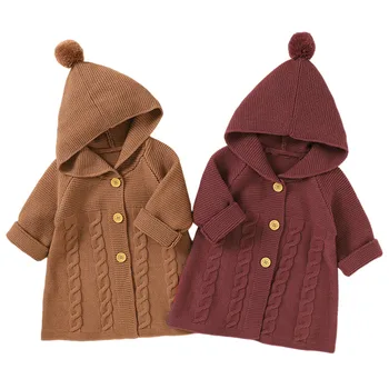 Свитера Для новорожденных Девочек и мальчиков, кардиган, свитер с длинным рукавом, однобортная вязаная куртка с капюшоном, осенне-зимняя одежда