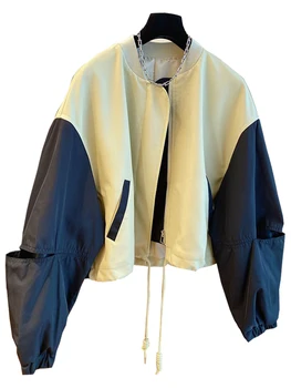 Осенняя женская кожаная куртка в стиле пэчворк, бейсбольная куртка большого размера, винтажная куртка-бомбер для женщин, открытая верхняя одежда