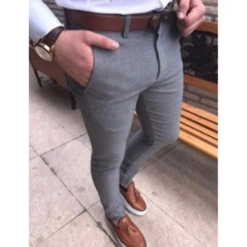 Мужские повседневные однотонные облегающие стрейчевые офисные брюки, официальные деловые брюки