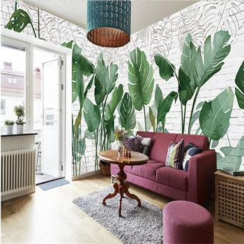 3d обои wellyu на заказ в скандинавском стиле, ручная роспись кирпичной стены, растение, обои с банановыми листьями, обои в гостиной, телевизор