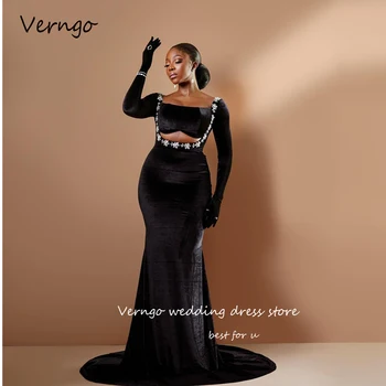 Вечерние платья Русалки из черного бархата Verngo 2023, Африканские женские вечерние платья с длинными рукавами и квадратным вырезом, украшенные кристаллами, вечерние платья для выпускного вечера, вечеринки