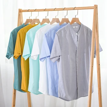 Дизайнерское новое поступление, рубашка с коротким рукавом, мужские хлопчатобумажные брендовые рубашки для мужчин, однотонная рубашка с воротником-стойкой, мужская повседневная сорочка overhemd