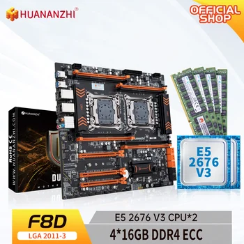 Материнская плата HUANANZHI X99 F8D LGA 2011-3 XEON X99 с процессором Intel E5 2676 V3 * 2 и 4 * 16 ГБ комбинированной памяти DDR4 RECC NVME SATA