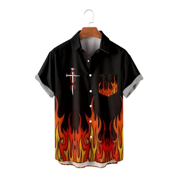 Мужские повседневные рубашки с крутым огненным принтом, черные рубашки с коротким рукавом в стиле Highstreet, крутые Летние топы, винтажные дышащие