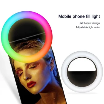 Универсальный мобильный телефон, светодиодный кольцевой светильник для селфи, USB-зарядка для iPhone Samsung Huawei Xiaomi Mi, кольцевой светильник для объектива, зажим для фотолампы