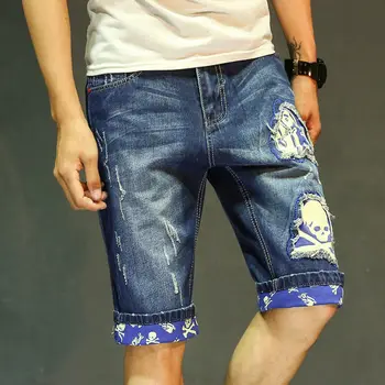 Новое поступление, Новые летние джинсовые шорты, мужские джинсовые шорты с рисунком черепа, рваные джинсовые шорты синего цвета, брюки, короткие джинсы