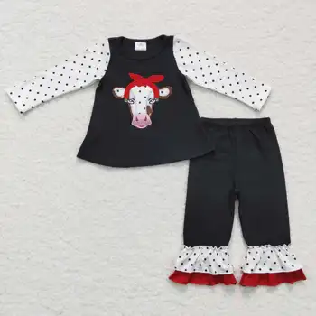 Горячая распродажа RTS, одежда для малышей с коровьими оборками, бутик детской вышивки, Комплекты детской зимней одежды