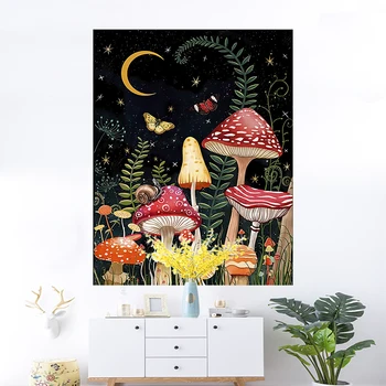 Гобелен с грибами, Луной и звездой, богемными цветочными растениями, эстетичный настенный декор для спальни, черный ковер в стиле бохо.