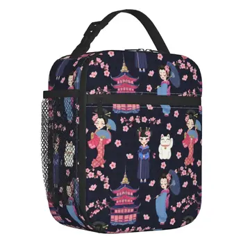 Милые японские куклы Кокеши, изолированная сумка для ланча для женщин, Сакура Гейша, термоохладитель, коробка для бенто, школьный