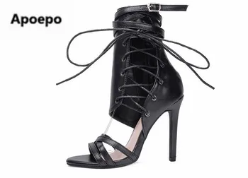 Новейшие брендовые сандалии-гладиаторы, женские черно-бежевые босоножки на высоком каблуке с т-образной завязкой, женские летние ботинки с сексуальным вырезом на шнуровке, женские ботинки