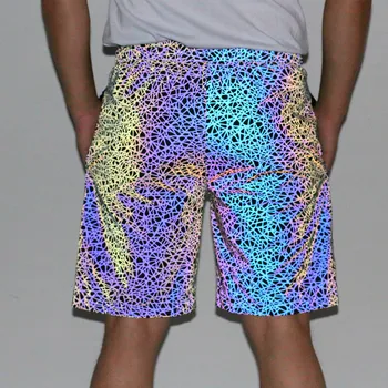 Мужские летние светоотражающие шорты в цветную полоску, уличные повседневные короткие штаны в стиле хип-хоп, мужской сценический костюм для ночного клуба, бермуды с эластичной резинкой на талии