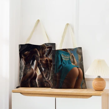 Женская складная Льняная сумка с двусторонним принтом Sexy Tattoo Girl Pattern, эко-сумка для покупок, Портативная сумка для удобного хранения, Тотализатор
