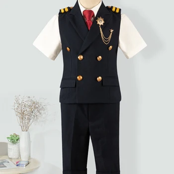 Костюм для мальчиков, форма капитана военно-морского флота с коротким рукавом, модель с кольцом, костюм для выступления на фортепиано из ткани для подиума