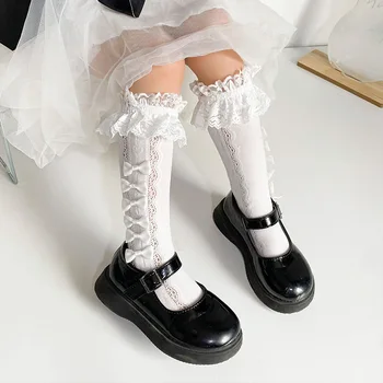 Носки для маленьких девочек с принцессой и бантом, детские носки до колена с милым бантом, кружевные носки с рюшами, белые, черные, сетчатые носки в стиле Лолиты.