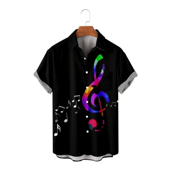 Мужские гавайские рубашки с принтом музыкальных нот, повседневные рубашки с коротким рукавом для отпуска, крутые летние топы, винтажные дышащие большие размеры