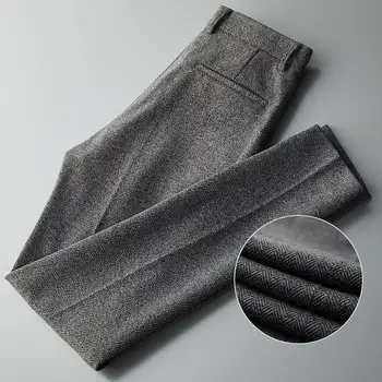 Брюки, мужские осенне-зимние шерстяные повседневные брюки, мужские прямые брюки из натуральной шерсти, плотные брюки для делового костюма, мужские