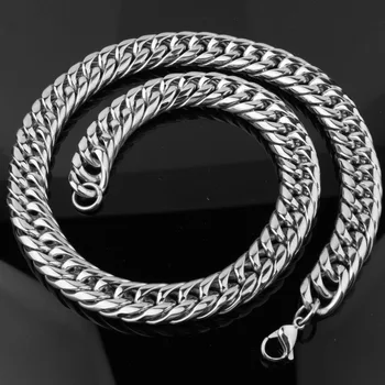 Мужские ожерелья шириной 16 мм, цепочки из нержавеющей стали, ожерелье или браслет серебряного цвета с двойным бордюром, Кубинские модные украшения 7-40