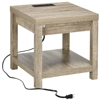 Серый Приставной столик с Зарядной станцией, Журнальный столик в Гостиной, Прикроватная тумбочка, 2 USB-порта и 3 розетки, 17,8 
