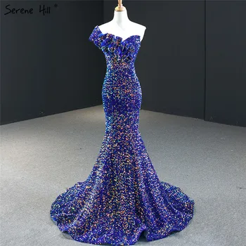 Вечерние платья Dubai Royal Blue на одно плечо 2023, блестки, сексуальное вечернее платье русалки Serene Hill HM67111