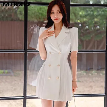 Высококачественные женские платья для работы в Корейском стиле С элегантным двубортным отворотом, модное плиссированное мини-белое платье Vestidos Femme