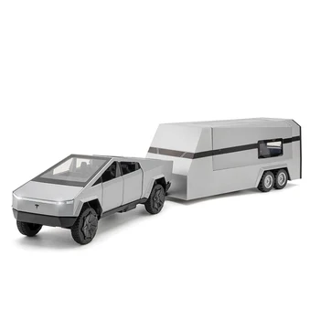 Модель автомобиля с прицепом-пикапом Tesla Cybertruck из сплава 1/32, Отлитый под давлением Металлический внедорожник, модель грузовика, звук, свет, Детские игрушки, подарки