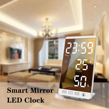 Будильник с постоянным зеркалом, креативная функция температуры и влажности, светодиодный настольный электронный будильник с зеркалом