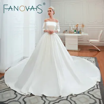 Атласные Простые винтажные свадебные платья с открытыми плечами Свадебные платья Vestido de Novia Robe de mariage с длинным шлейфом QD06252