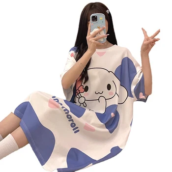 Ночная рубашка Kawaii Sanrio Cinnamoroll Kuromi С милым аниме, летняя милая студенческая уличная юбка с принтом, Свободная домашняя одежда, подарок для девочек