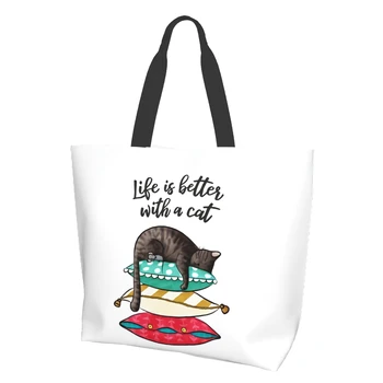 Женская сумка-тоут С кошкой, многоразовая сумка для покупок, пляжная сумка