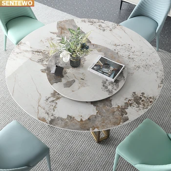 Роскошный дизайнерский круглый обеденный стол из мраморной плиты и 8 стульев esstisch furniture meuble из нержавеющей стали с золотой основой