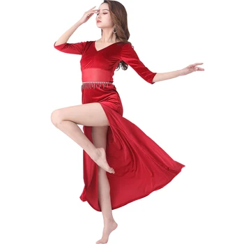 Одежда для занятий танцами живота, костюм для выступлений в бальном зале, женская бархатная индийская танцевальная одежда, новое танцевальное платье с V-образным вырезом и разрезом