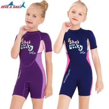 Теплый купальник 2,5 мм для девочек, цельный неопреновый костюм для подводного плавания с коротким рукавом, детский гидрокостюм для плавания, серфинга, подводного плавания, фридайва
