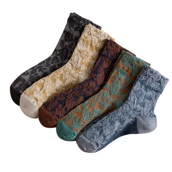 Осенне-зимние новые японские хлопчатобумажные носки с рельефным цветочным рисунком, удобные винтажные носки с рельефным цветочным рисунком, 1 пара