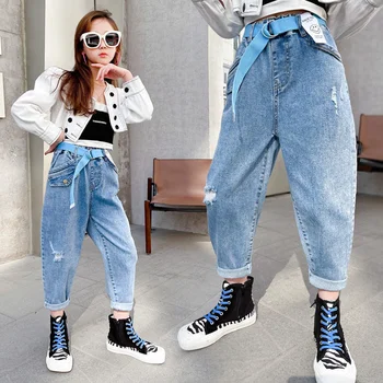 Длинные брюки для девочек, хлопковые джинсовые брюки 2023 года, В наличии Весна-лето, спортивная школа для подростков, Детская одежда для малышей