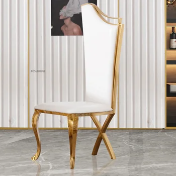 Роскошные Обеденные Стулья Nordic Light Кожаное кресло с высокой спинкой Мебель для столовой Home Из нержавеющей Стали С акцентом на Золотую Ножку