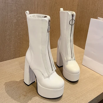 BLXQPYT/ Зимние Теплые Белые Ботильоны на очень высоком каблуке с застежкой-молнией для Женщин, Модные Вечерние Универсальные Ботинки на платформе с круглым носком, A8-3
