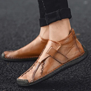 Мужские кожаные ботинки ручной работы, высокие ботинки в британском стиле, однотонные короткие сапоги большого размера с круглым носком, Zapatillas Hombre