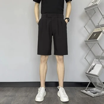 Летние мужские шорты, Корейская мода Harajuku, Винтажная Дикая Свободная мужская одежда 2023 года, повседневные прямые короткие костюмные брюки, мужские однотонные