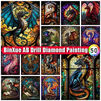 BinXue Красочная картина из стекла с драконом, Алмазная картина, Крылья динозавра, книга для вышивки крестом, Цветок, мозаика ручной работы, подарок, искусство