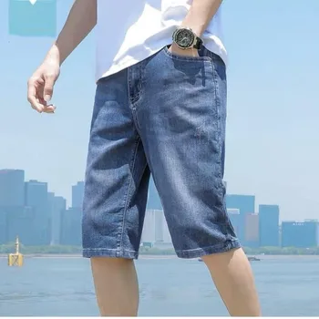 летние тонкие джинсовые шорты, мужские свободные прямые новые повседневные шорты, джинсы из эластичного денима, пятиточечные джинсовые брюки
