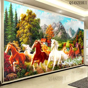Алмазная роспись круглый бриллиант лошадь к успеху восемь лошадей пастбища горные пейзажи полный горный хрусталь