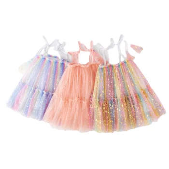 Летние платья для девочек, Сетчатое платье без рукавов на день рождения, детское праздничное платье принцессы, Радужная радуга, детская повседневная одежда CC092