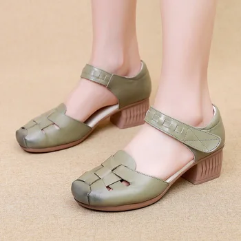 2022 Летняя Обувь из натуральной кожи, женские сандалии-гладиаторы на высоком каблуке 4,5 см, Классические Черные комфортные женские сандалии Baotou