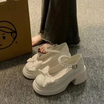Женская повседневная обувь с круглым носком, элегантные однотонные туфли-лодочки с бантом, нескользящие туфли на среднем каблуке в корейском стиле, шикарное лето 2023