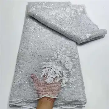 Кружевная ткань с пайетками в нигерийском стиле 2023 года, Высококачественная белая Африканская тюлевая ткань с вышивкой для шитья свадебных платьев, Сетчатое кружево 5 ярдов