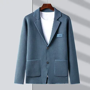 Первоклассный Новый бренд, Повседневный Модный Приталенный Полосатый Блейзер, куртка, Элегантный Вязаный костюм, мужское пальто, Мужская одежда 2023