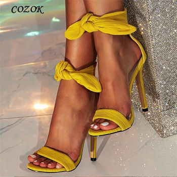 2023 Новые Желтые женские босоножки на высоком каблуке, пикантные женские туфли с острым носком и бантом, с открытым носком