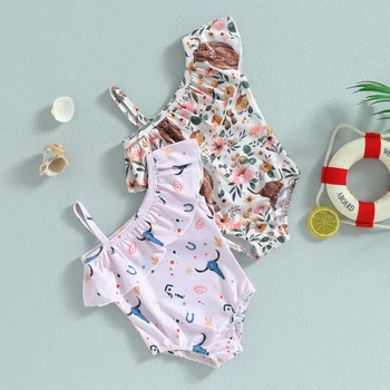 Летний купальник для новорожденных девочек с милым цветочным рисунком Коровы, воротник с рюшами, Боди с открытыми плечами, Купальный костюм, Пляжная одежда для девочек